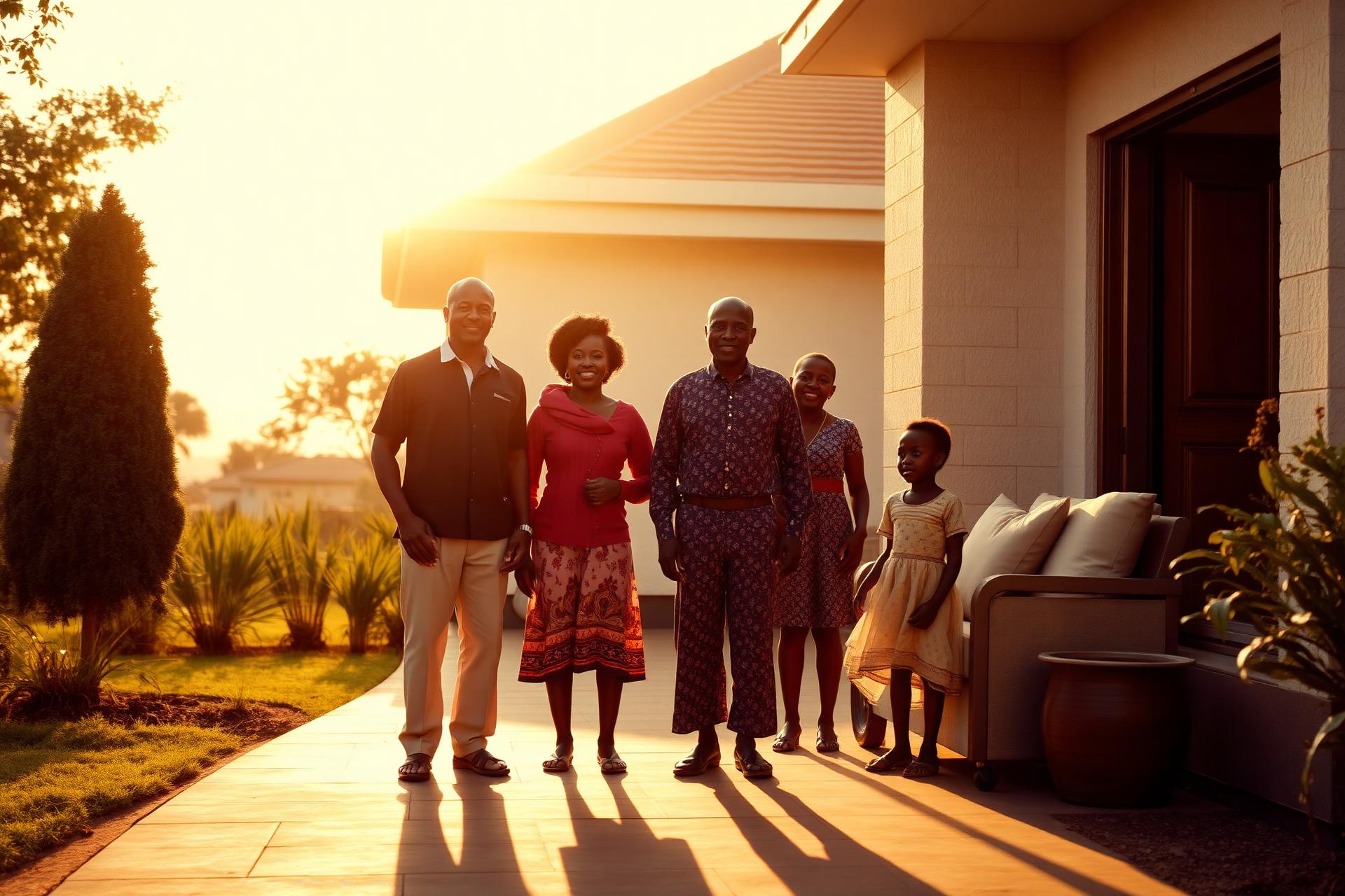 Kenyan family outside their home at sunset